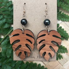 Load image into Gallery viewer, Monstera Hawaiian Koa Wood & Tahitian Pearl- 14k Gold Filled/ Sterling Silver Earrings
