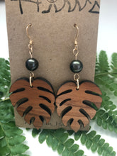 Load image into Gallery viewer, Monstera Hawaiian Koa Wood & Tahitian Pearl- 14k Gold Filled/ Sterling Silver Earrings