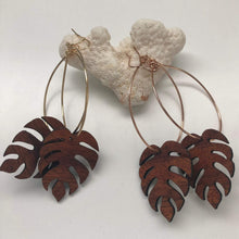 Load image into Gallery viewer, Monstera Hawaiian Koa Wood - 14k Gold Filled/ Sterling Silver/ 14k Rose Gold Filled Hoop Earrings