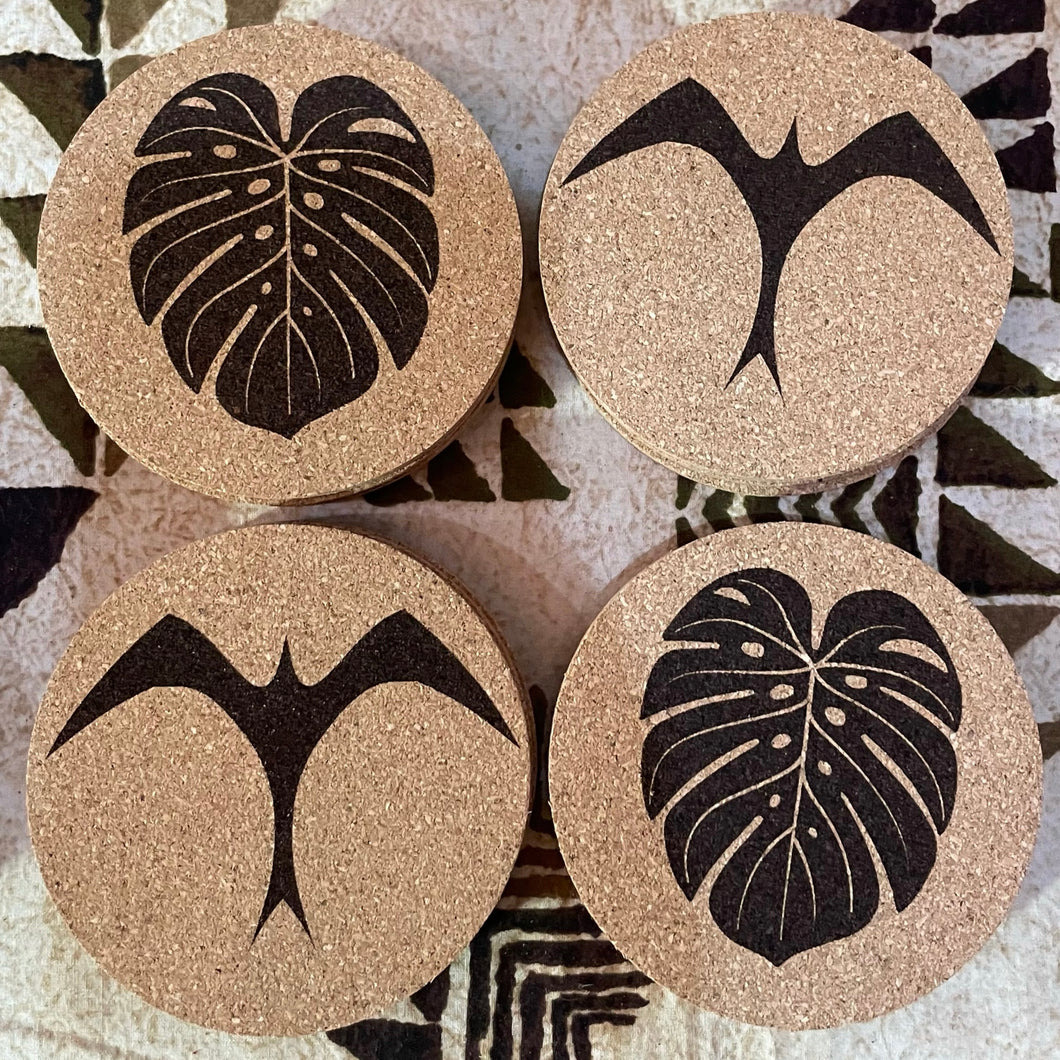 Iwa and Monstera Print Cork Coasters Set of 4