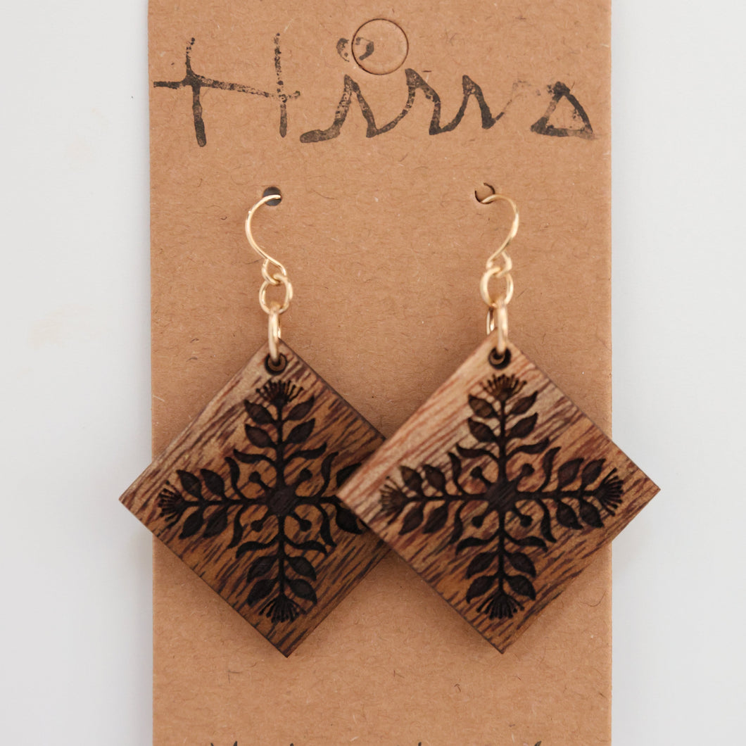 Lehua Quilt design Hawaiian Koa Wood - 14k Gold Filled/ Sterling Silver Earrings