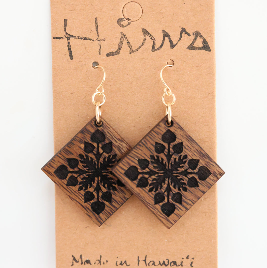 Anthrium Quilt design Hawaiian Koa Wood - 14k Gold Filled/ Sterling Silver Earrings