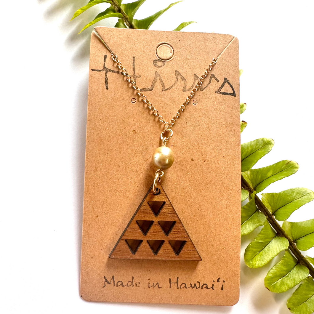 Mauna Kea Hawaiian Koa Wood & Tahitian Pearl Pendant w/ Gold Filled Necklace