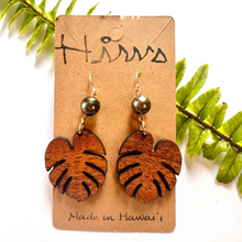 Load image into Gallery viewer, Baby Monstera Hawaiian Koa Wood &amp; Tahitian Pearl- 14k Gold Filled/ Sterling Silver Earrings
