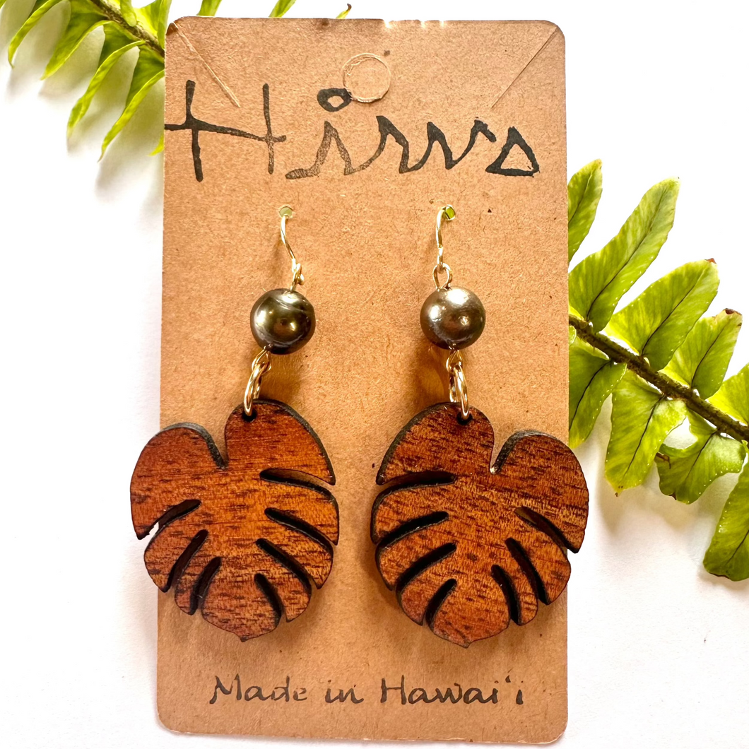 Baby Monstera Hawaiian Koa Wood & Tahitian Pearl- 14k Gold Filled/ Sterling Silver Earrings