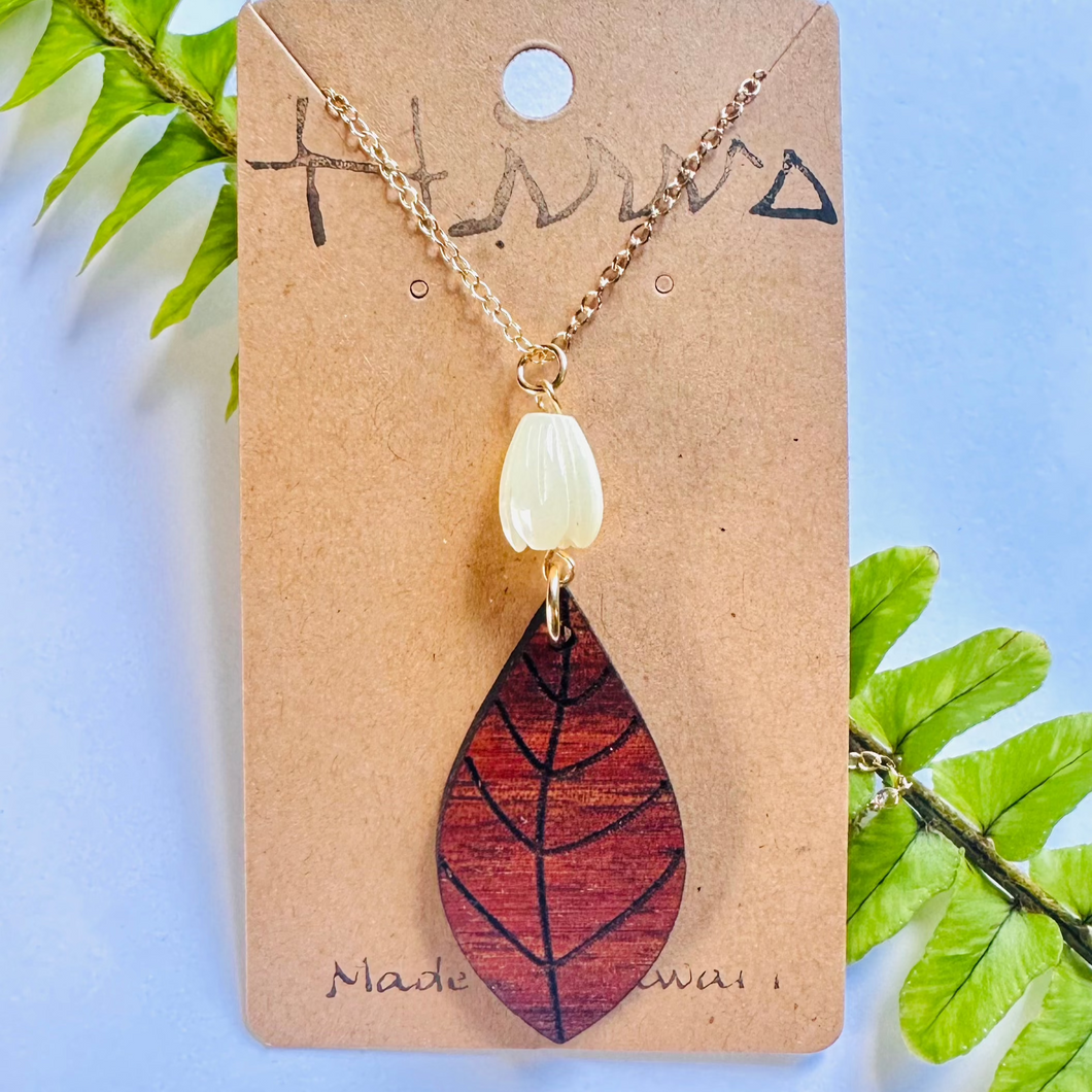 MOP PIKAKE & Lau Hawaiian Koa Wood Pendant w/ Gold Filled Necklace