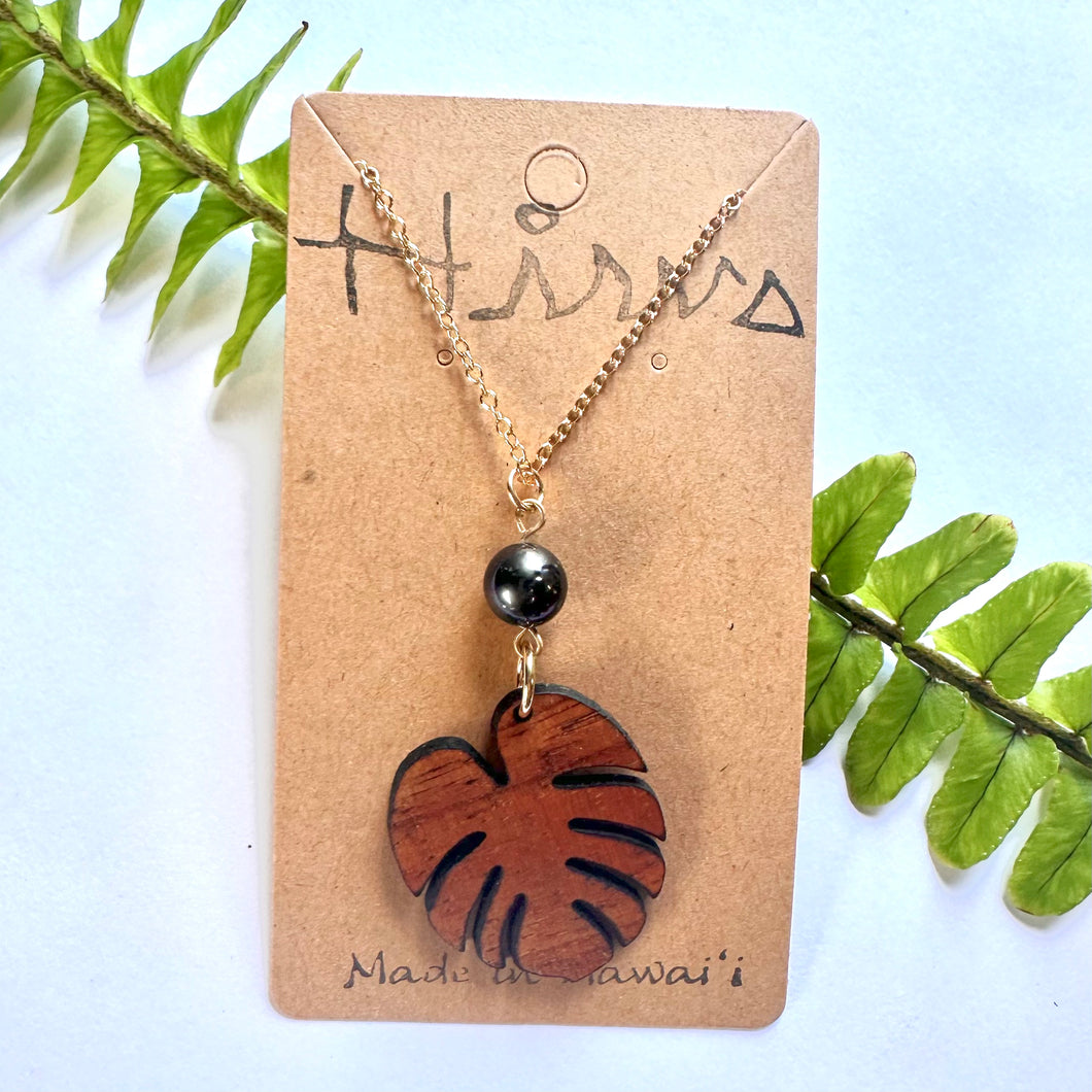 Baby Monstera Hawaiian Koa Wood & Tahitian Pearl Pendant w/ Gold Filled Necklace