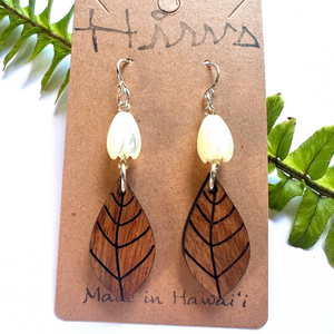 MOP Pikake & Lau Hawaiian Koa Wood - 14k Gold Filled/ Sterling Silver Earrings