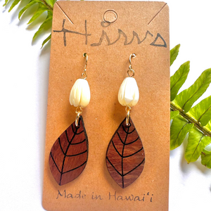 MOP Pikake & Lau Hawaiian Koa Wood - 14k Gold Filled/ Sterling Silver Earrings