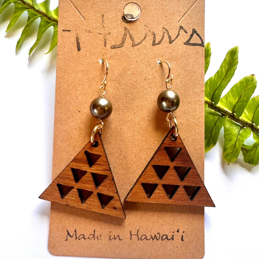 Maunakea Hawaiian Koa Wood & Tahitian Pearl- 14k Gold Filled / Sterling Silver Earrings