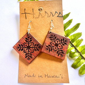 Lehua Quilt design Hawaiian Koa Wood - 14k Gold Filled/ Sterling Silver Earrings