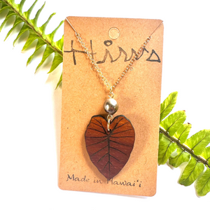 Kalo Hawaiian Koa Wood & Tahitian Pearl Pendant w/ Gold Filled Necklace