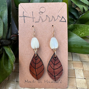 MOP Pikake & Lau Hawaiian Koa Wood - 14k Gold Filled/ Sterling Silver Earrings