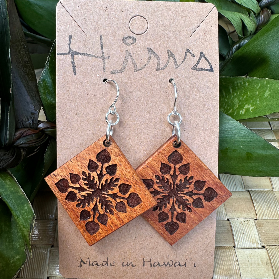 Anthrium Quilt design Hawaiian Koa Wood - 14k Gold Filled/ Sterling Silver Earrings