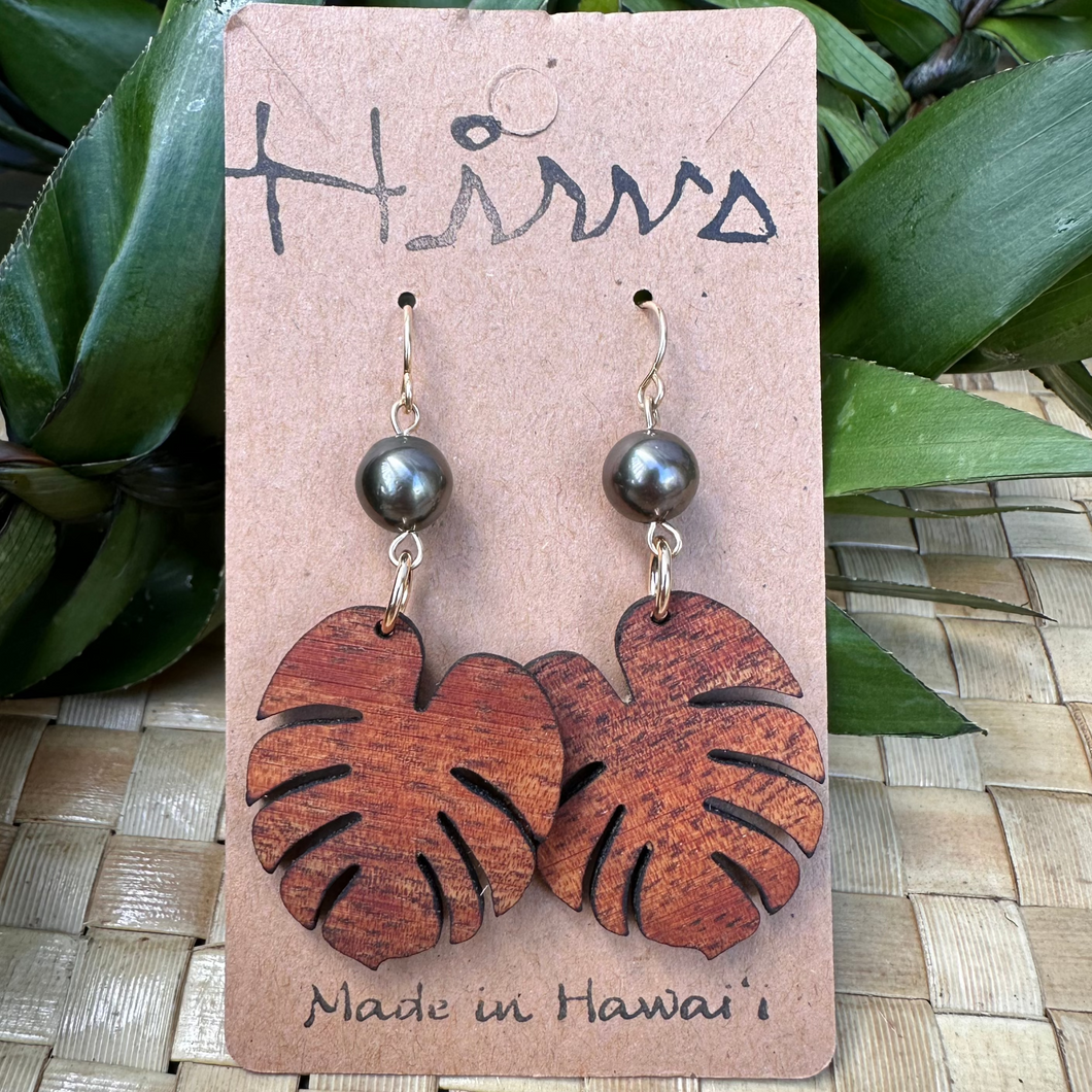 Baby Monstera Hawaiian Koa Wood & Tahitian Pearl- 14k Gold Filled/ Sterling Silver Earrings