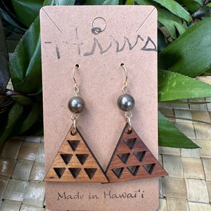 Mauna Kea Hawaiian Koa Wood Tahitian Pearl 14k Gold Filled Sterling Silver Earrings