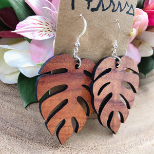 Monstera Hawaiian Koa Wood - 14k Gold Filled/ Sterling Silver Earrings