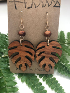 Monstera Hawaiian Koa Wood & Koa Bead- 14k Gold Filled Earrings