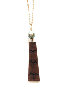 'Iwa Curly Hawaiian Koa Wood & Tahitian Pearl w/ 14k Gold Filled Necklace