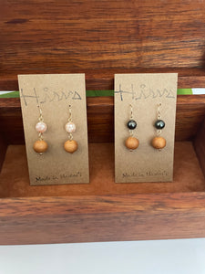 Koa Wood Bead with Tahitian Pearl- 14k Gold Filled Dangle Earrings 'Elua
