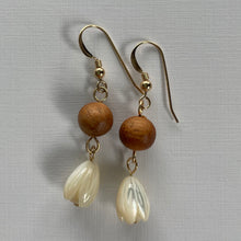 Load image into Gallery viewer, Koa Wood and Mother of Pearl Pikake Bead- 14k Gold Filled Earrings
