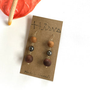 Koa Wood Bead with Tahitian Pearl- 14k Gold Filled Dangle Earrings