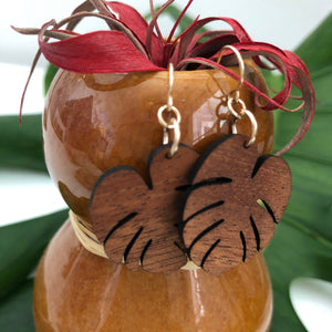 Baby Monstera Hawaiian Koa Wood - 14k Gold Filled/ Sterling Silver Earrings