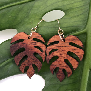 Monstera Hawaiian Koa Wood - 14k Gold Filled/ Sterling Silver Earrings