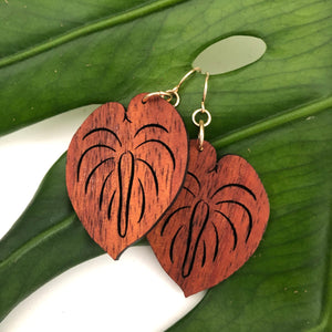 Anthrium Hawaiian Koa Wood - 14k Gold Filled/ Sterling Silver Earrings