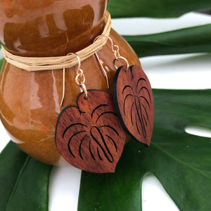 Anthrium Hawaiian Koa Wood - 14k Gold Filled/ Sterling Silver Earrings