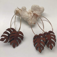 Load image into Gallery viewer, Monstera Hawaiian Koa Wood - 14k Gold Filled/ Sterling Silver/ 14k Rose Gold Filled Hoop Earrings
