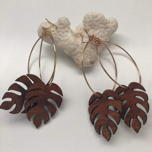 Monstera Hawaiian Koa Wood - 14k Gold Filled/ Sterling Silver/ 14k Rose Gold Filled Hoop Earrings